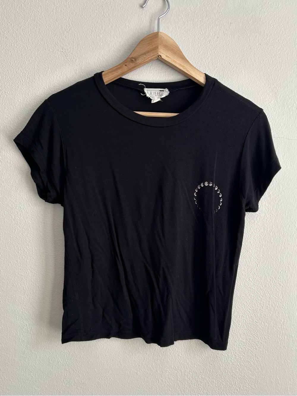 LA Hearts Black Short Sleeve Tee T Shirt White Graphic Moon Phases Rayon Size S